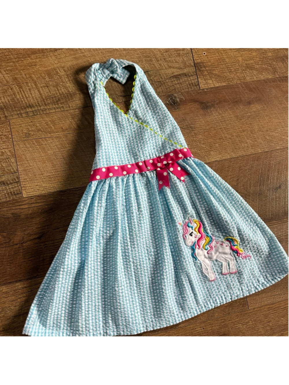 Girls Emily Rose Casual Dress 3T Blue Gingham Unicorn